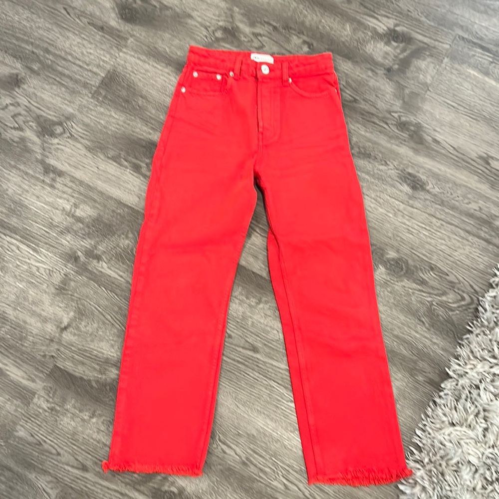 Zara Straight Leg High Rise Red Jeans